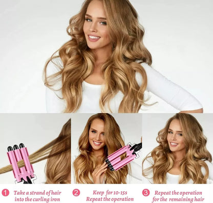 3 Barrels Hair Curler - 25Mm Curling Iron Tongs Mermaid Waves-PINK